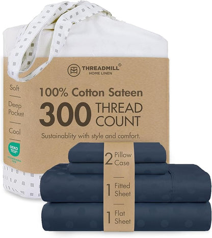Threadmill Cotton Queen Sheet Set | 100% Cotton Sheets for Queen Size Bed | Damask Jacquard Queen Bed Sheets Set with 16” Deep Pocket | Soft Sateen Weave 4-Piece Cooling Bedding Set | Folkstone Blue