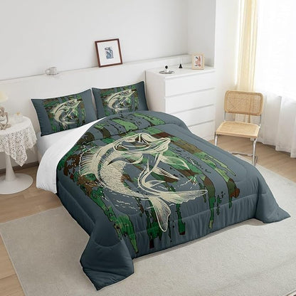 Feelyou Bass Fish Comforter Set Twin Size Green Camouflage Bedding Set for Fishing Lover Gifts Boys Girls Camo Pike Fish Fishing Comforter Wild Fisherman Bed Set Rustic Cabin Bedroom Decor
