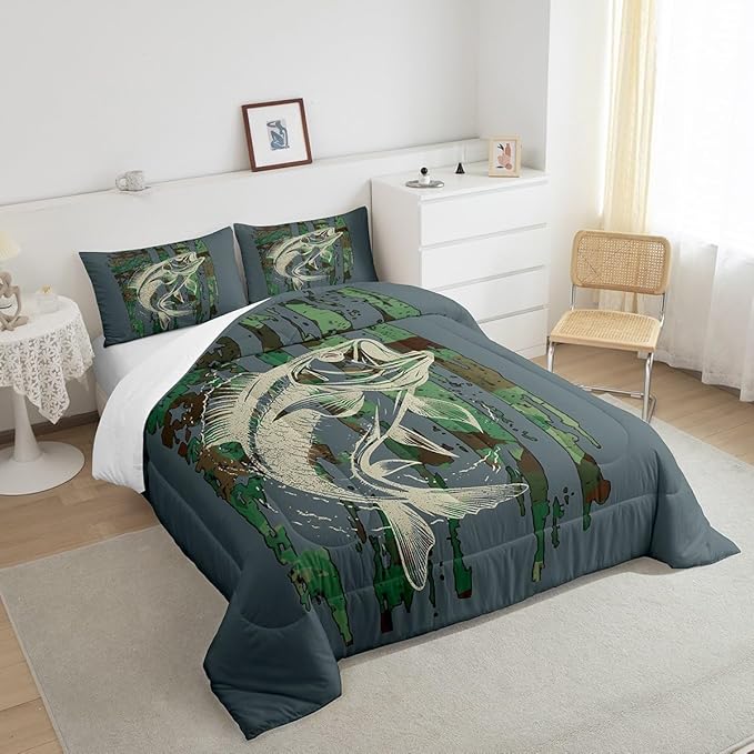 Feelyou Bass Fish Comforter Set Queen Size Green Camouflage Bedding Set for Fishing Lover Gifts Boys Girls Camo Pike Fish Fishing Comforter Wild Fisherman Bed Set Rustic Cabin Bedroom Decor