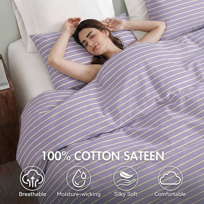 Bedbay Lavender Striped Duvet Cover Set King Size, 100% Cotton Sateen Bedding Set, Silky Soft Light & Fresh 3 Piece Duvet Cover for All Seasons