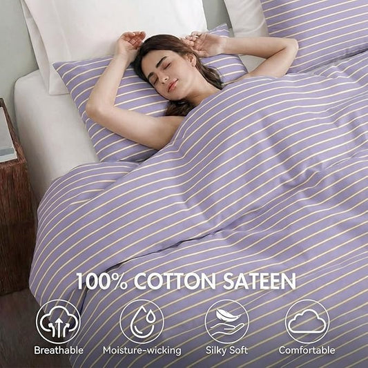 Bedbay Lavender Striped Duvet Cover Set King Size, 100% Cotton Sateen Bedding Set, Silky Soft Light & Fresh 3 Piece Duvet Cover for All Seasons