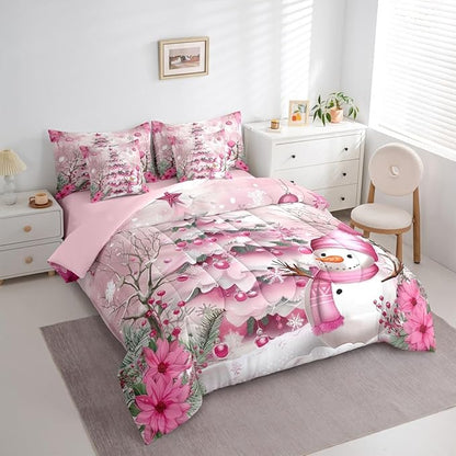 Pink Christmas Tree Comforter Set 7 Pieces,Cute Snowman Winter Bed Set,Xmas Theme Flowers Leaves Bedding King with 1 Comforter,1 Fitted Sheet,1 Flat Sheet,2 Pillowcases,2 Throw Pillow Cover