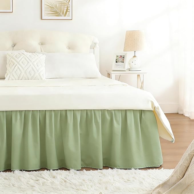 RIMELA Bed Skirt Twin Size 15 Inch Drop, Wrap Around Elastic Bedskirt for Home, Room Decoration for Women, Pleated Adjustable Dust Ruffle, Light Green, Easy to Install