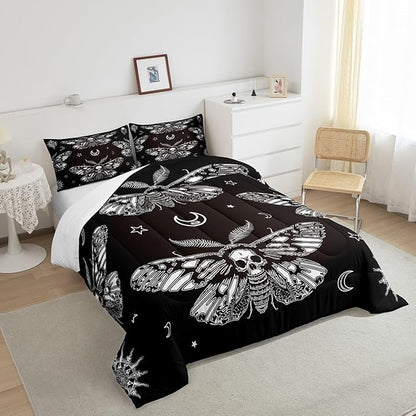 Feelyou Boys Boho Moth Comforter Set Twin Size Men Gothic Skull Bedding Set for Girls Women Bedroom Decor Bohemian Moon Star Comforter Personalized Moth Skull Skeleton Bones Duvet Set Teens Quilt Set