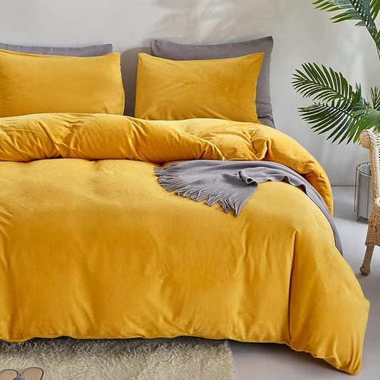 Houseri Velvet Comforter Set - Twin Girls & Boys Fluffy Bedding - Dark Yellow Sherpa & Mustard Fuzzy Flannel Plush Comforters