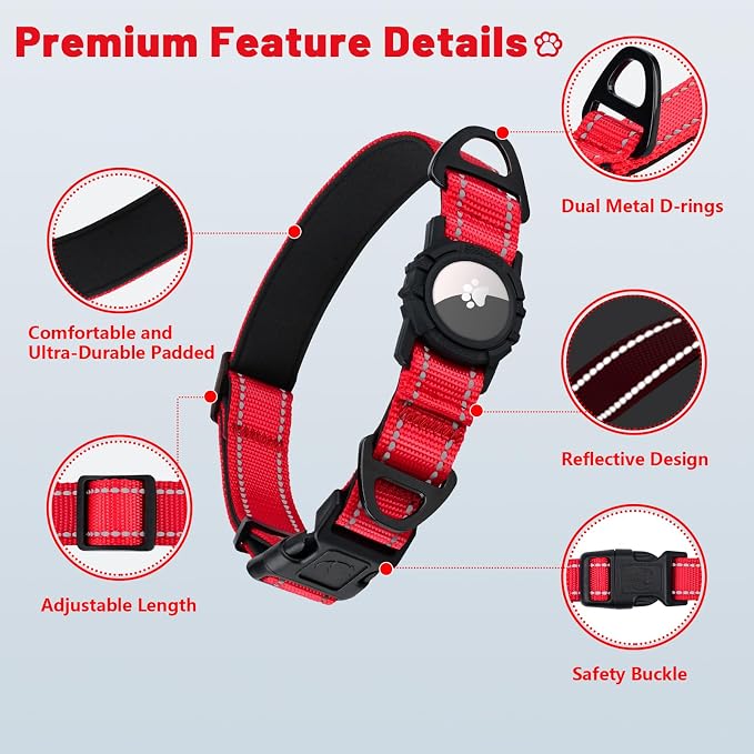 Taglory AirTag Dog Collar with Waterproof Holder for Small Dogs, Red, S | Reflective for Night Walks & Low-Light Safety, Track Your Pup Peace of Mind, Adjustable Soft Padded, No More Dangling Tags
