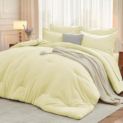MUXHOMO 5 Pieces Twin Comforter Set, Soft Bed in a Bag Twin Size, All Season Bedding Set with Comforter, Flat Sheet, Fitted Sheet, Pillowcases & Shams, Cream Yellow