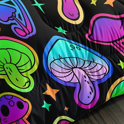Mushroom Comforter Set Kids Bedding Set Queen,3Pcs Colorful Soft Black Gradient Mushroom Quilt Set Bed in A Bag with 1 Comforter 2 Pillowcases for Kids Boys Girls Teens Adults Room Decor All Season