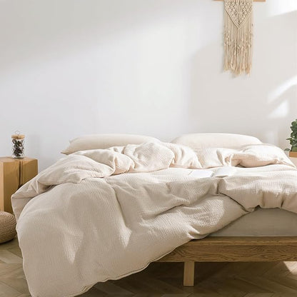 VM VOUGEMARKET Beige Duvet Cover Queen Size - 3 Pieces Muslin Cotton 3-Layer Guaze Textured Bedding Set,Includes 1 Duvet Cover 90x90 Inches with Zipper Closure & 2 Pillowcases
