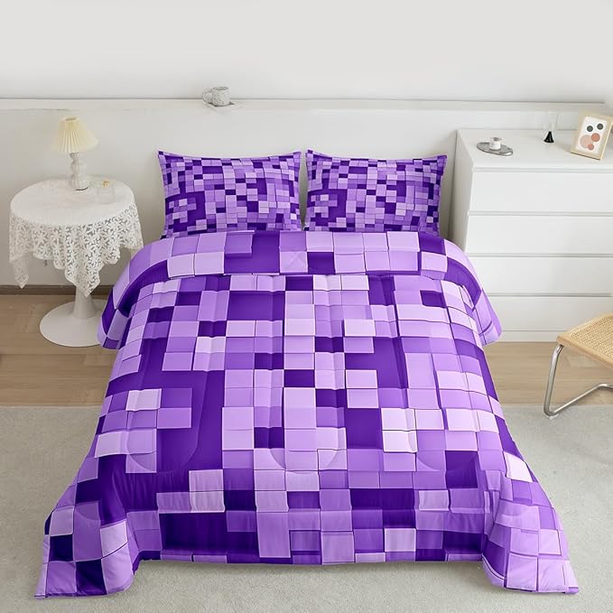 Pixel Grid Miners Kids Bedding Set King Size,Video Games Plaid Lattice Comforter Set,Geometric Check Quilt Comforter,Light Purple Bedroom Duvet Insert,2 Pillowcases