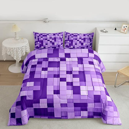 Pixel Grid Miners Kids Bedding Set King Size,Video Games Plaid Lattice Comforter Set,Geometric Check Quilt Comforter,Light Purple Bedroom Duvet Insert,2 Pillowcases
