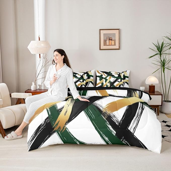 Erosebridal Black Green Gold Abstract 7 Piece Comforter Set Queen Modern Minimalist Line Geometric Bedding Set Minimalist Simple Sketch Art Bed in A Bag Cool Unique Contemporary Sheet Set