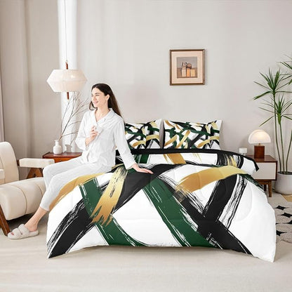Erosebridal Black Green Gold Abstract 7 Piece Comforter Set Twin Modern Minimalist Line Geometric Bedding Set Minimalist Simple Sketch Art Bed in A Bag Cool Unique Contemporary Sheet Set