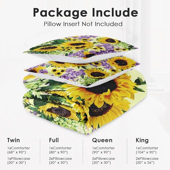 Twin Size Comforter Set with Pillowcase, Retro Sunflower 2 Pcs Bedding for Kids and Adults, Vintage Floral Yellow Flower Soft Comforter Set for Bedroom Bed Decor