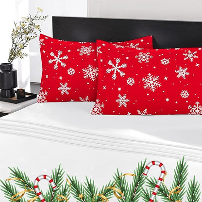 YIYEA Christmas Pillow Cases Queen Size Set of 4, Ultra Soft Double Brushed Microfiber Red Pillowcases and Christmas Snowflake Pillow Covers, Envelope Closure, Fade Resistant (20"x30")