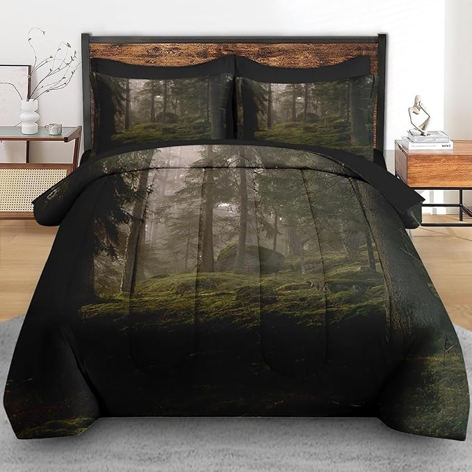 Comforter Set Full Size, Tree Forest 7 Pcs Bedding for Kids and Adults, Mystic Mountain Plant Leaf Bed Sheet Sets with Fitted Sheet 2 Pillowcases & 2 Shams for Bedroom Bed Decor