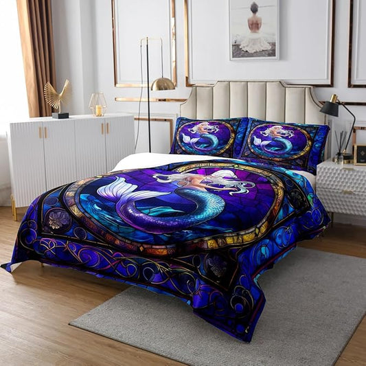 Mermaid Kids Bedspread Twin Size,Mermaid Scale Marine Ocean Animal Geometric Coverlet Set,Boys Girls Room Decor,Tale Princess Dreamy Quilted Coverlet,Purple Unique Bedding Quilt,1 Pillowcase