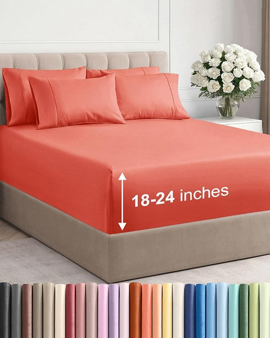 Extra Deep Cal King Sheet Set - 6 Piece Breathable and Cooling Sheets - Hotel Luxury Bedding for Women, Men, Kids & Teens - Easy Secure Fit - Soft, Wrinkle Free and Comfy - Extra Deep Pockets - Coral