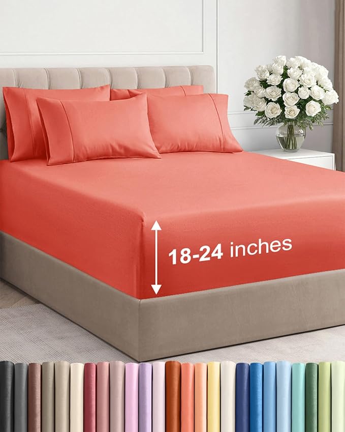 Extra Deep Full Sheet Set - 6 Piece Breathable and Cooling Sheets - Hotel Luxury Bedding for Women, Men, Kids & Teens - Easy & Secure Fit - Soft, Wrinkle Free and Comfy - Extra Deep Pockets - Coral