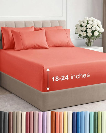 Extra Deep Full Sheet Set - 6 Piece Breathable and Cooling Sheets - Hotel Luxury Bedding for Women, Men, Kids & Teens - Easy & Secure Fit - Soft, Wrinkle Free and Comfy - Extra Deep Pockets - Coral