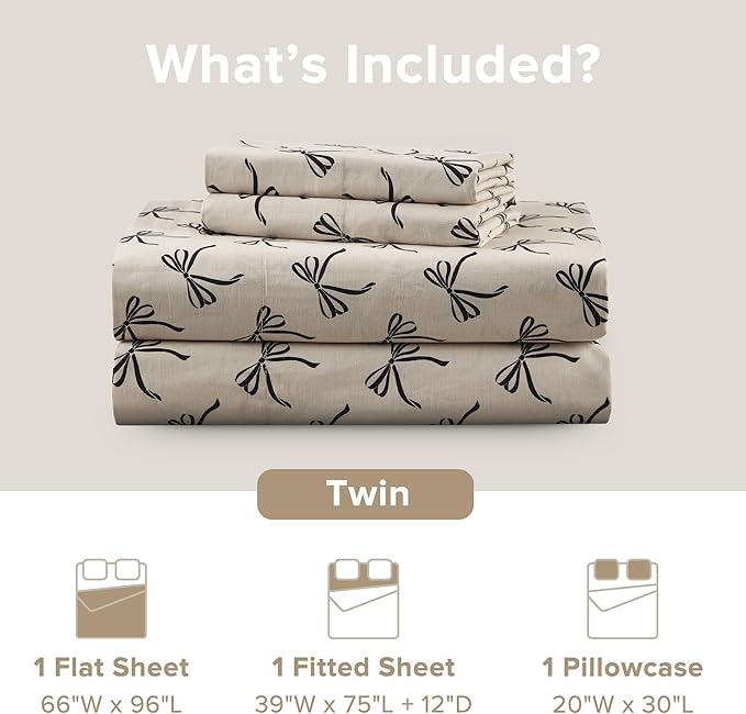 Comfort Spaces 100% Cotton Sheets Twin, Breathable, Naturally Cool Cotton Sheets, Soft Cotton Bed Sheets with 12" Elastic Pocket Fits up to 14" Mattress, All Seasons Sheet Set, Bow Black/Taupe 3 Piece