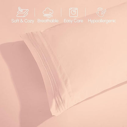 Elegant Comfort Luxurious 1500 Premium Hotel Quality Microfiber Three Line Embroidered Softest 4-Piece Bed Sheet Set, Wrinkle and Fade Resistant, Queen, Blush Pink