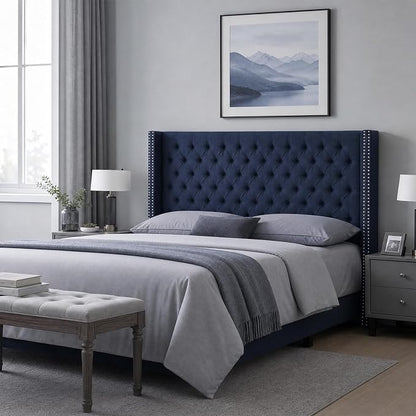 Madison Park Queen Wingback Upholstered Tufted Headboard, Featuring High-Density Sponge Padding, Adjustable Height Headboard, Easy Assembly, Navy