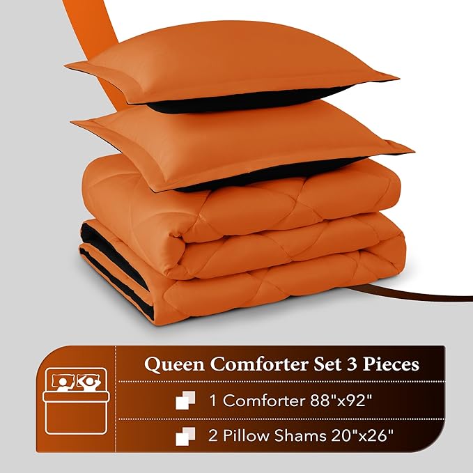 downluxe Queen Comforter Set - Orange and Black Queen Comforter, Soft Bedding Sets for All Seasons -3 Pieces - 1 Comforter (88"x92") and 2 Pillow Shams(20"x26")