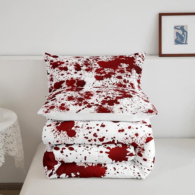 Red Tie Dye Comforter Set Twin Size,Halloween Decor Bedding Set 2pcs for Kids Teens Girls Bedroom,Gothic Horror Style Quilt Set Cartoon Hand Painted Graffiti Duvet Insert with 1 Pillowcase