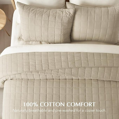 EVERGRACEHOME 100% Cotton Box Stitch Quilt Bedding Set Queen Size 3 Pieces, Garment-Washed Lightweight Soft Cozy Coverlet, Quilted Bedspread Sets with 2 Shams for All Season, Pebble Khaki