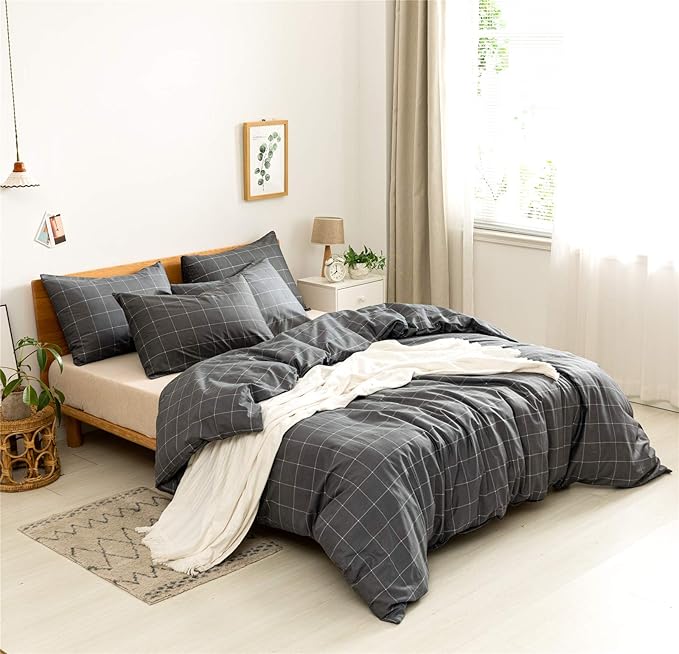 JELLYMONI 100% Natural Cotton 3pcs Plaid Duvet Cover Sets, Black with White Grid Geometric Pattern Printed Comforter Cover,with Zipper Closure & Corner Ties(King Size)