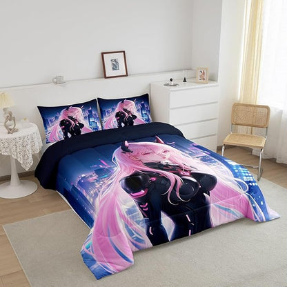 Erosebridal Japanese Anime Comforter Set Twin Size, Anime Girl Bedding Set Kawaii Japanese Style Quilt Cartoon Japan Animation Duvet Insert for Boys Teens Adult Women Bedroom Decor
