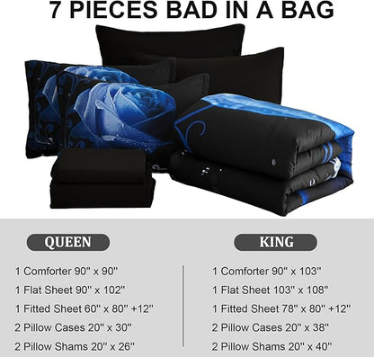 Xruibed Floral Comforter Queen Blue Bed in a Bag Rose Water Droplets Design 7PCs Comforter Set Soft Micorfiber Bedding Set (1 Comforter,2 Pillow Shams,1 Flat Sheet,1 Fitted Sheet,2 Pillowcases)