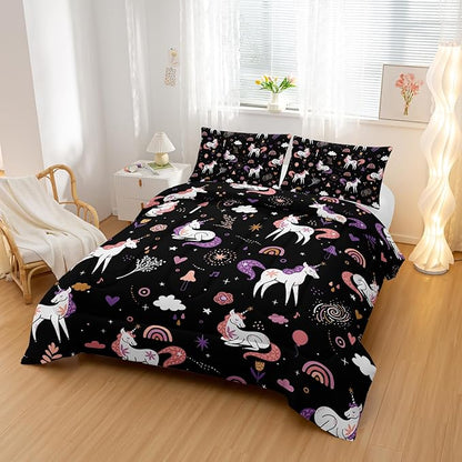 Unicorn 3 Piece Girl Bedding Set King Size,Black 3 Pieces Bedding Set for Girls Kids,Unicorn Comforter Set Girls Room Decor,Rainbow Clouds Star Quilt Set (1 Comforter 2 Pillowcase),All Seasons