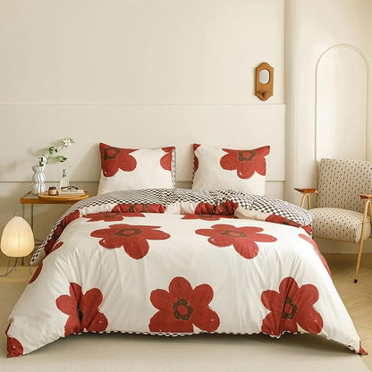 KAREVER Red Floral Comforter King White with Red Flower Bedding Set 3 PCs Comforter Set King Size Comforter (104x90 Inches) with 2 Pillowcases (26x36 inches)