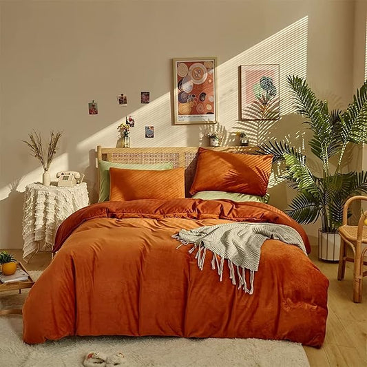 Houseri Burnt Orange Velvet Comforter Set California King Fluffy Rust Comforter Bedding Sets Cal King Terracotta Micromink Sherpa Comforter Flannel Fuzzy Blanket Warm Winter Comforter Cal King Size