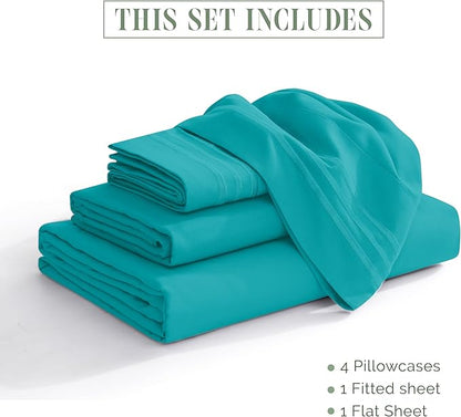 Elegant Comfort Luxurious 1500 Premium Hotel Quality Microfiber Three Line Embroidered Softest 4-Piece Bed Sheet Set, Wrinkle and Fade Resistant, Full, Turquoise