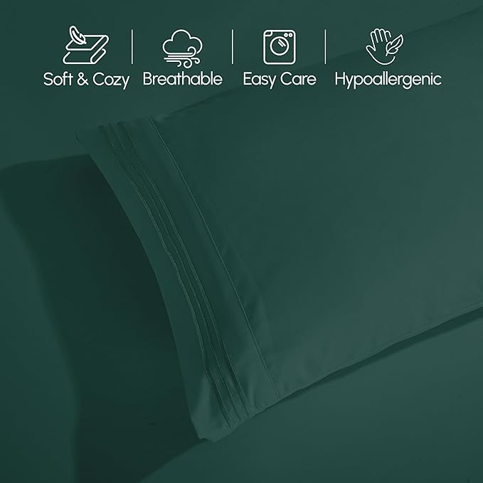 Elegant Comfort Luxurious 1500 Premium Hotel Quality Microfiber Three Line Embroidered Softest 4-Piece Bed Sheet Set, Wrinkle and Fade Resistant, King, Hunter Green