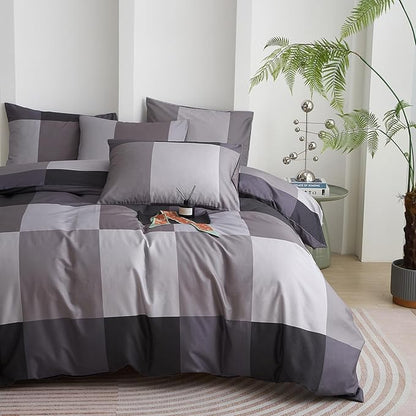mixinni Twin XL Comforter Set Men Boys Geometric Checkered Plaid Printed Bedding Comforter for All Season Soft Lightweight Bedding Set-(Twin XL Size, Grey,Black)