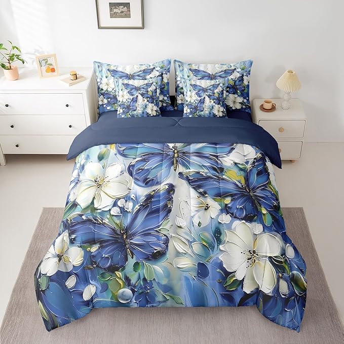 Erosebridal 7 Piece Blue Butterfly Queen Bedding Set with Sheets for Girls White Flowers Oil Painting Boho Bed in A Bag Retro Floral Butterfly Comforter Set,Aesthetics Bohemian Animal Bed Set
