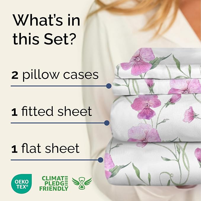 Floral Sheets - Pink Floral Bed Sheet Set - 1 Flat, 1 Fitted & 2 Pillowcases w/ Deep Pockets - Comfy, Wrinkle & Fade Free - Boho Botanical Bedding - Ultra-Soft, Breathable & Cooling - Full Size Set