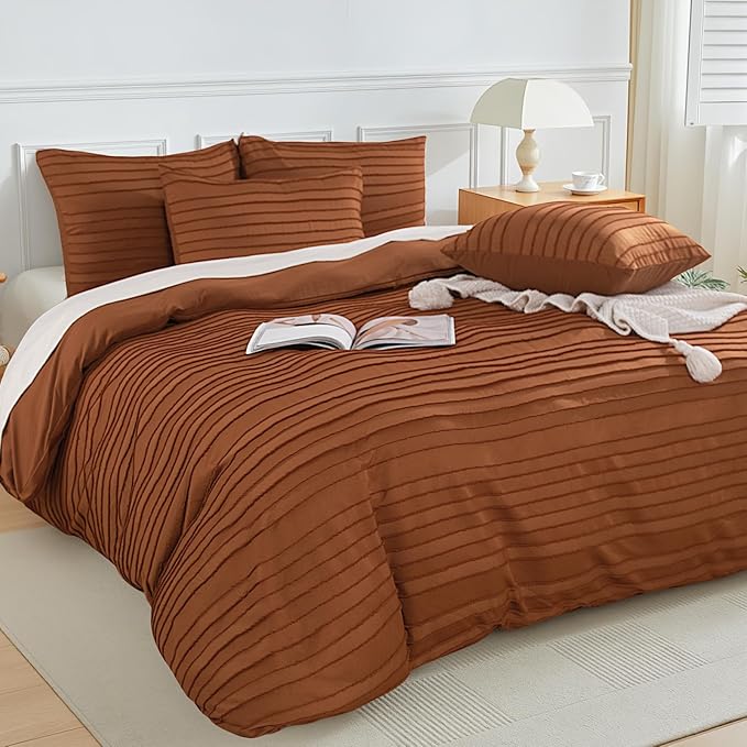 NEXHOME PRO Twin Duvet Cover,Brunt Orange 2 Pieces Boho Tufted Duvet Cover Set, Soft and Lightweight 100% Washed Microfiber Comforter Cover Set for All Season(Brunt Orange, 66 x 90)-No Comforter