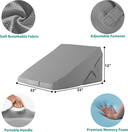 Wedge Pillow for Sleeping, Adjustable 9&12 Inch Foldable Bed Wedge Pillow Set, Orthopedic Memory Foam Triangle Pillows Wedge, 7-in-1 Elevated Pillows for Leg and Back Support, Grey