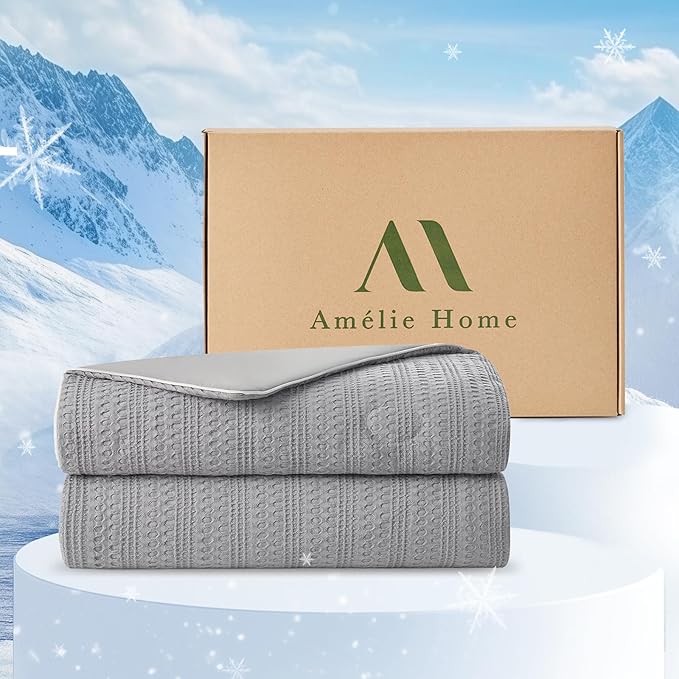 Amélie Home Waffle Cooling Comforter Queen Size, Q-Max 0.45 Reversible Lightweight Cooling Blanket for Hot Sleepers, Breathable Bedding for Night Sweats, 90"x90", Cool Gray