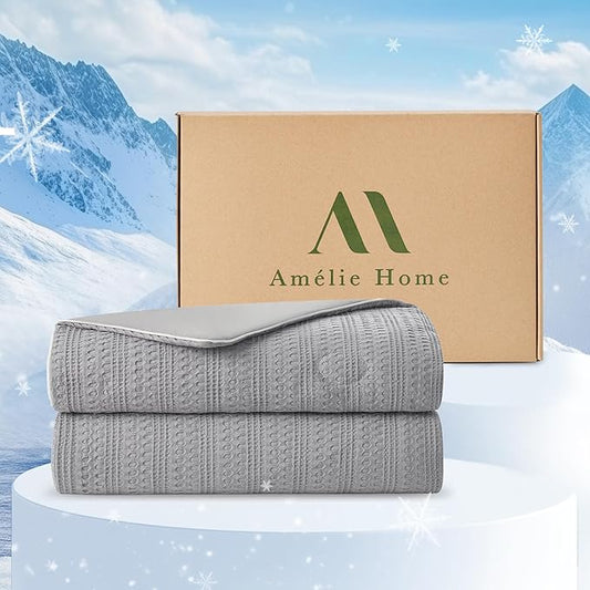 Amélie Home Waffle Cooling Comforter Twin Size, Q-Max 0.45 Reversible Lightweight Cooling Blanket for Hot Sleepers, Breathable Bedding for Night Sweats, 68"x90", Cool Gray