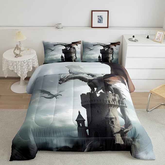 Flying Dragon Comforter Set Full Size,Grey Sky Vintage Old Castle Printed Bedding Set for Kids Boys Girls Room Decor,3D Wild Animal Theme Duvet Insert 3Pcs,Retro Microfiber Quilt Set,2 Pillowcases