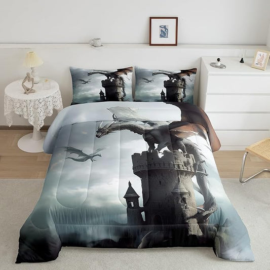 Flying Dragon Comforter Set Full Size,Grey Sky Vintage Old Castle Printed Bedding Set for Kids Boys Girls Room Decor,3D Wild Animal Theme Duvet Insert 3Pcs,Retro Microfiber Quilt Set,2 Pillowcases