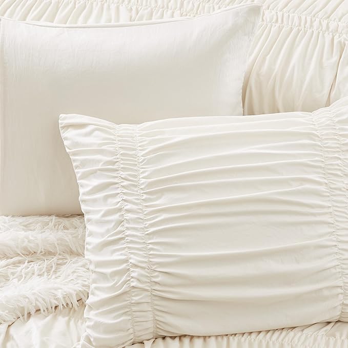 Intelligent Design Ruched Shabby Chic Comforters for King Size Bed, All Season Lightweight Comforter King, French Country Bedding Set, Sham, Ella, King/Cal King, Ivory, 3 Piece