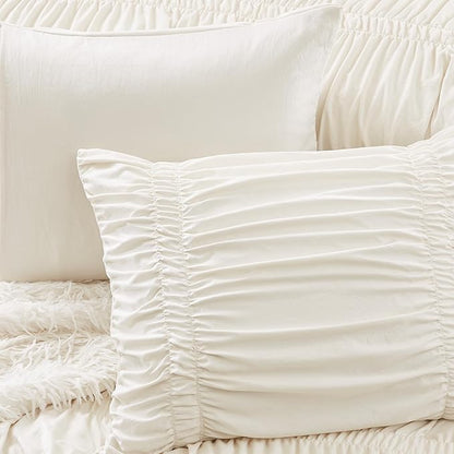 Intelligent Design Ruched Shabby Chic Comforters for King Size Bed, All Season Lightweight Comforter King, French Country Bedding Set, Sham, Ella, King/Cal King, Ivory, 3 Piece