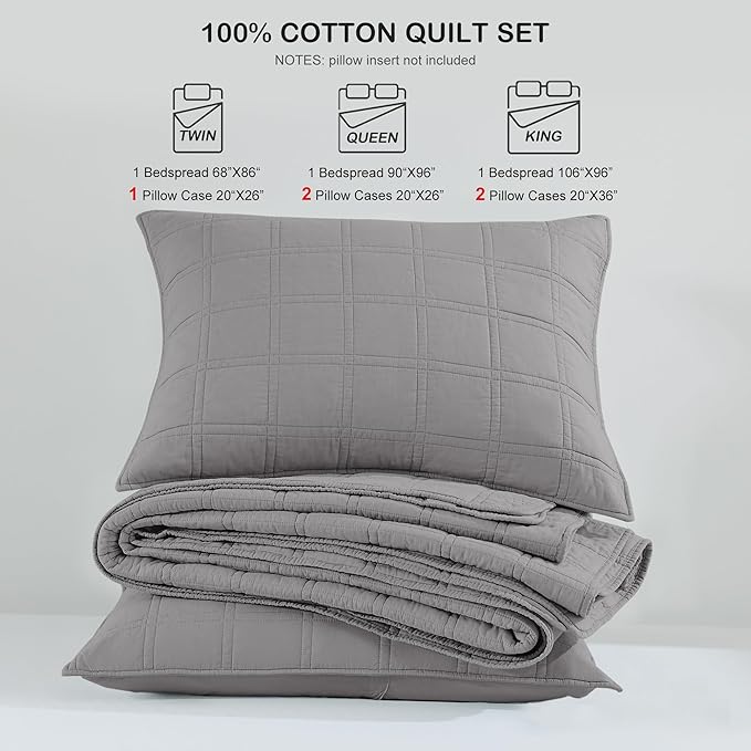HORIMOTE HOME 100% Cotton Quilt Set Twin Size, Grey Pre-Washed Bedspreads Coverlet Set in Geometric Pattern, Cozy Lightweight Stitching Decorative Bedding Cover with 1 Sham for All Season